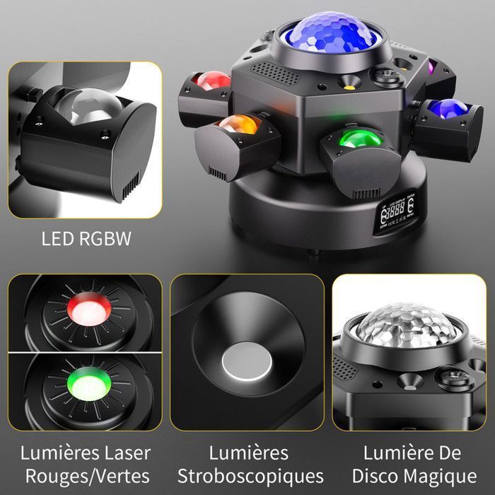 JAJALUYA 2PCS 180W RGBW LED Moving Head Lights, DJ Lighting Effects, Rotating 7 RGBW LEDs + Red & Green Gypsophila Laser + 4 Strobe Lights