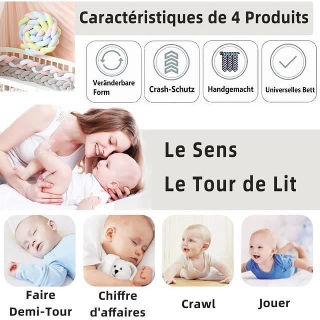 3 Brins Tresse de Lit Bebe, Tour de Lit Bébé Tresse, Tresse de Lit avec Velours Cristal et Coton PP Hautement Élastique( 2m)