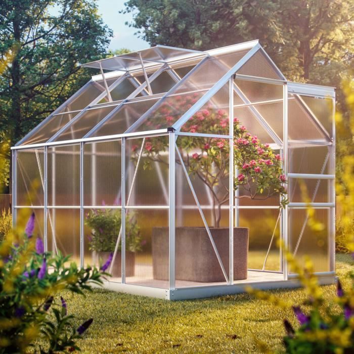 Serre de Jardin en alu 7,6m³ avec fenêtres et gouttière + Fondation/Base Culture Plantes 250x190x195