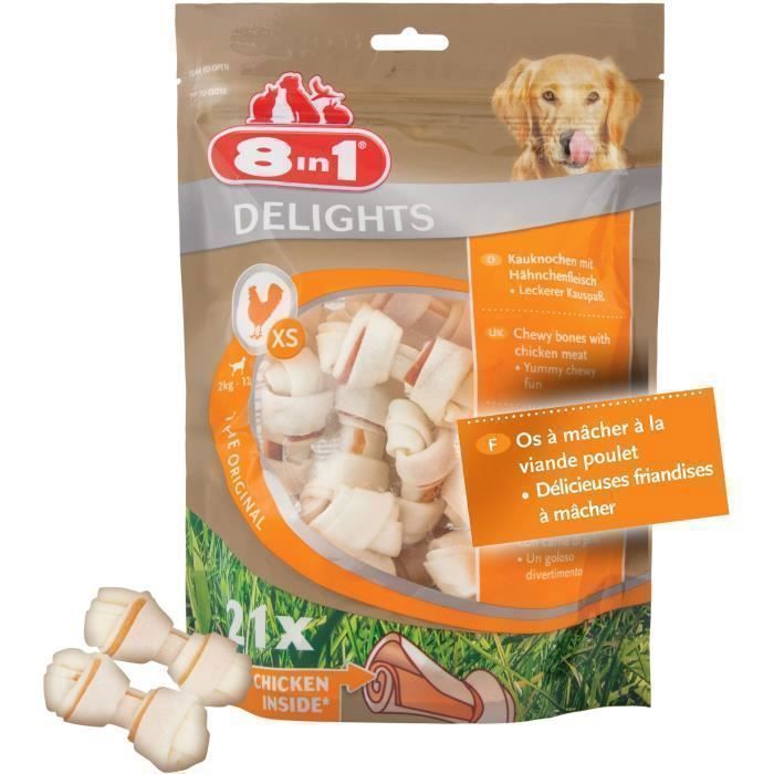 8in1 Delights XS Huesos masticables de res para perros pequeños - Larga duración - Sin cereales, sin colorantes ni saborizantes artificiales - 21 unidades