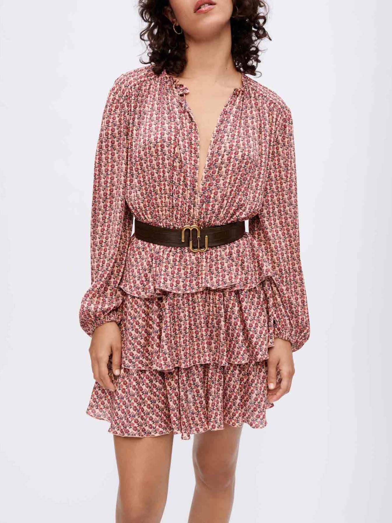 Rochie fluidă imprimată cu volane - Mini fleurs rose foncé