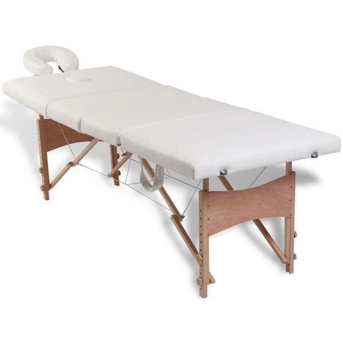Camilla de masaje plegable vidaXL, color blanco crema, 4 secciones con estructura de madera.