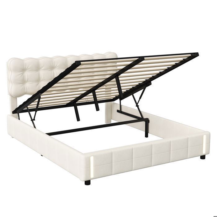 Cama con almacenamiento de 140x190 cm, cama doble con iluminación LED, cabecero, sensor de luz nocturna, somier de láminas, cama para adultos, terciopelo, beige.