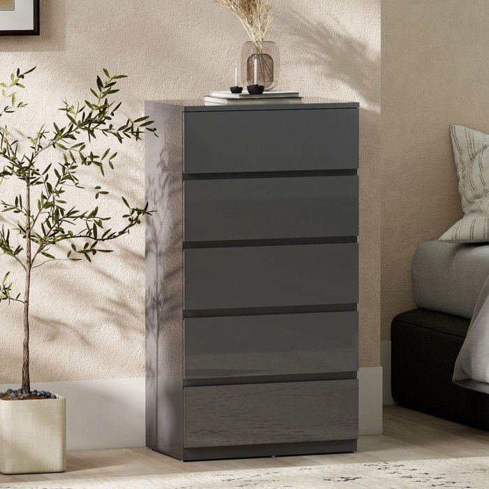 Cómoda de 5 cajones - HOMCOM - alto brillo - cierre suave y silencioso - tablero de partículas - 53 x 34 x 100 cm - gris