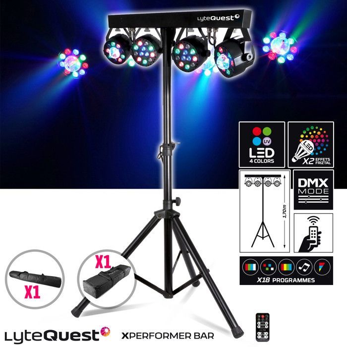 Système SONO PRO Complet 2400W DJ BM SONIC, 4 Enceintes satellites, 2x Méga SUB 38cm USB/Bluetooth, Portique Eclairage Lumières