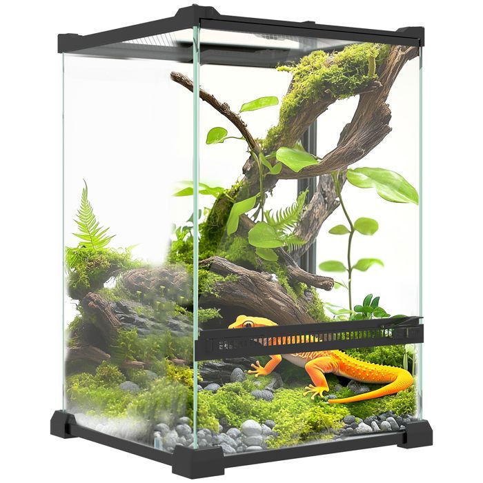 Terrario de cristal para reptiles - PawHut - Vivero de 12 L con tapa de malla metálica - 20 x 20 x 30 cm - negro