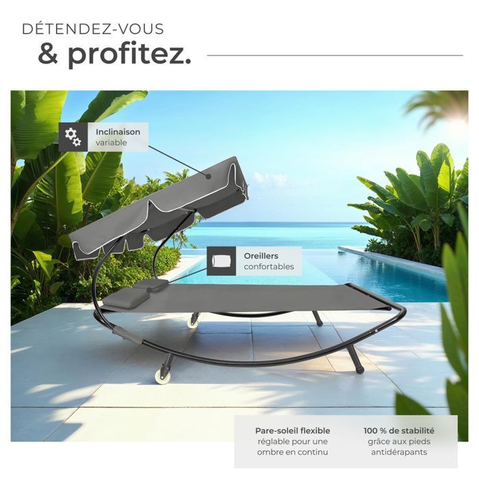 Lettino prendisole - TECTAKE - LIVORNO lettino prendisole doppio in acciaio per 2 persone con parasole regolabile, 185 x 195 x 142-175 cm - Nero/Grigio