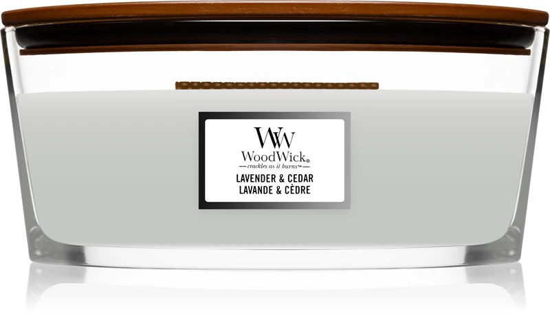 Woodwick lavandas un ciedra aromātiskā svece ar koka degli (Heartwick)