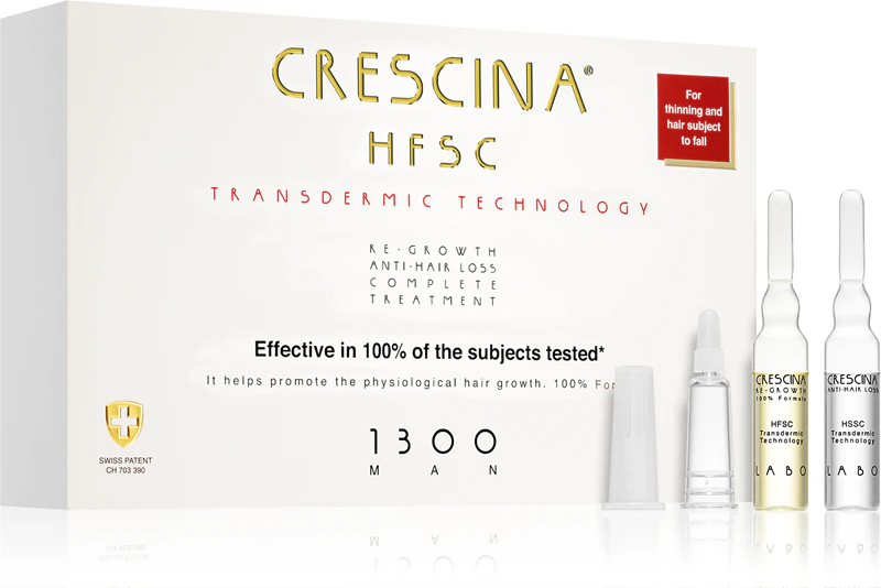 Crescina Transdérmico 1300: Tratamento para crescimento e prevenção da queda de cabelo em homens, que estimula o crescimento capilar e previne a queda de cabelo.
