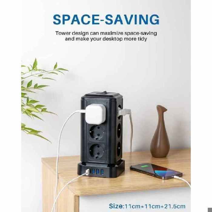 Tower Power Strip Surge Protector with 12 Outlets, 4 USB Ports (4.5A), 2m Cord, 16A/4000W, Black