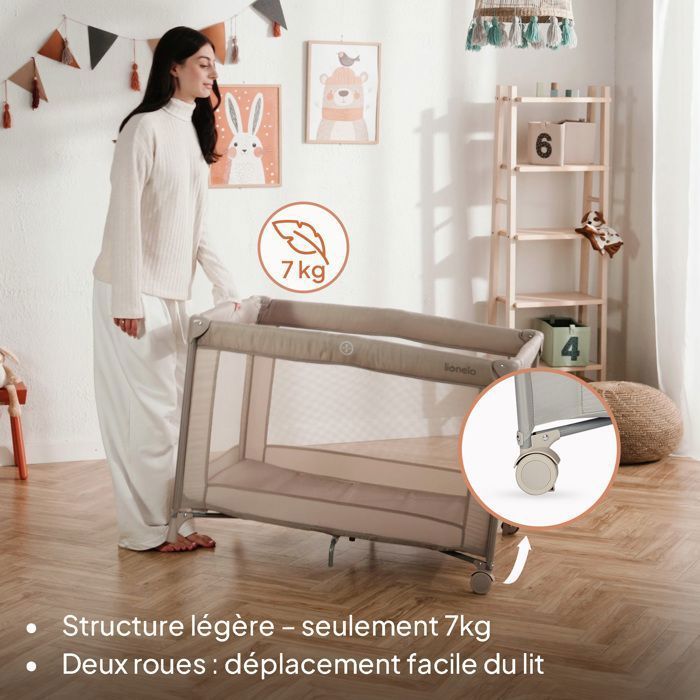 Lit parapluie 2en1 LIONELO Amelie - Parc bébé - Léger - Roulettes - 0-36 mois - Sac inclus - Beige