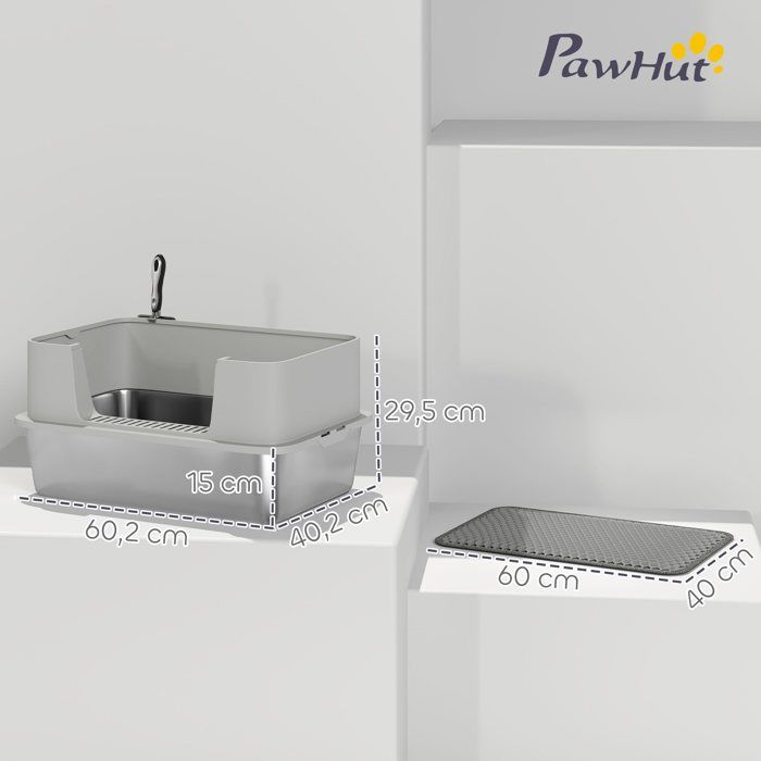 XL stainless steel litter box, large cat litter box, easy to clean, 60.2 x 40.2 x 29.5 cm, grey