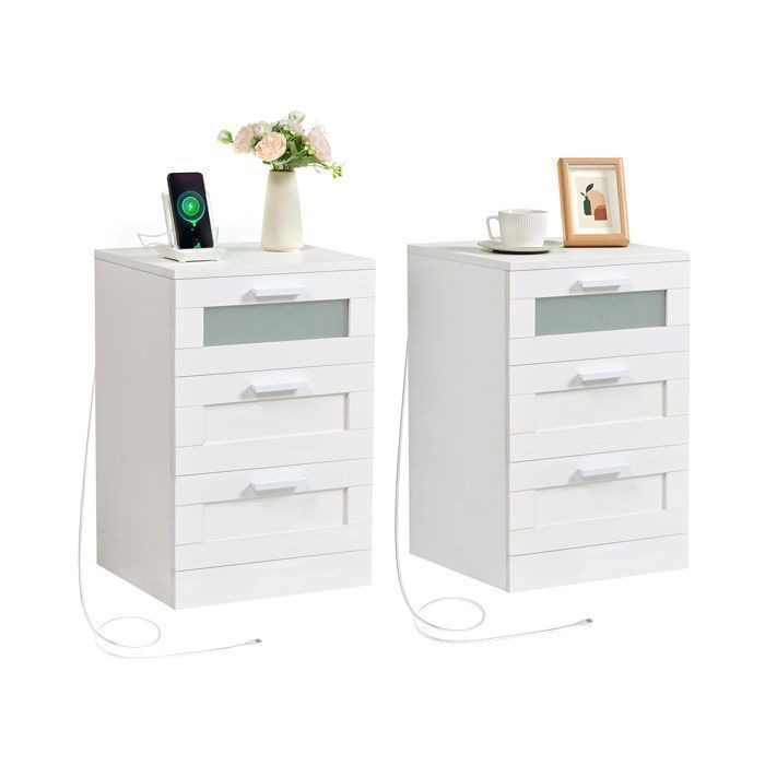 Bedside Tables with 3 Drawers, Nightstand with LED Lighting and USB and Type-C Ports, for Bedroom, Living Room (2, White)