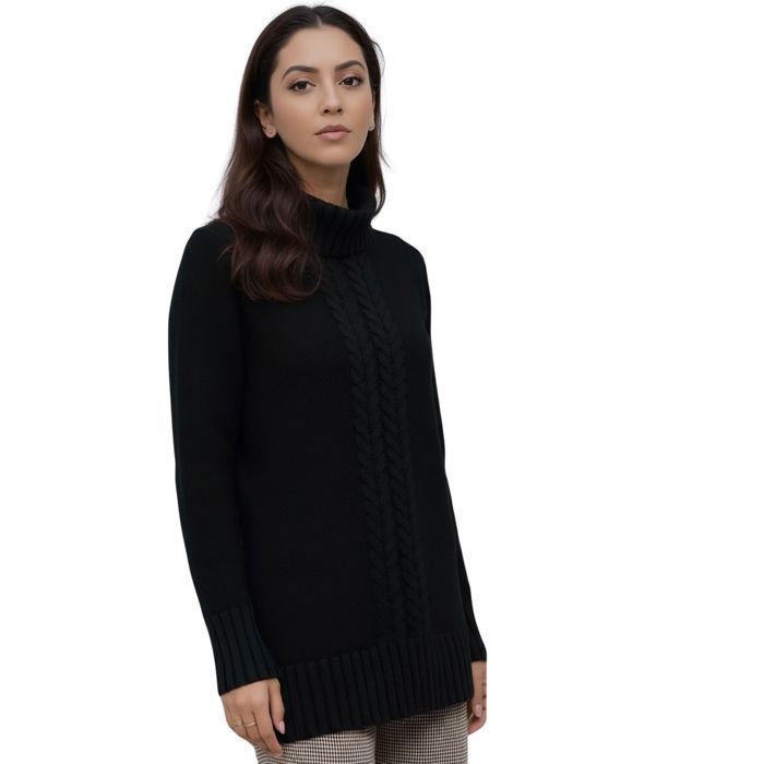 Jersey de cuello alto para mujer - JESSY LINE - Negro - Punto trenzado largo - Manga larga - Talla S/M
