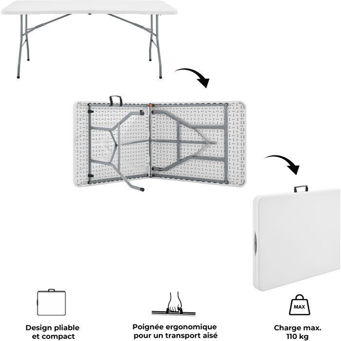 Mesa de recepción plegable - TERRANOVA - Blanca - Estructura de acero y tablero de polietileno HDPE - 8 personas - 180 x 74 x 73,5 cm
