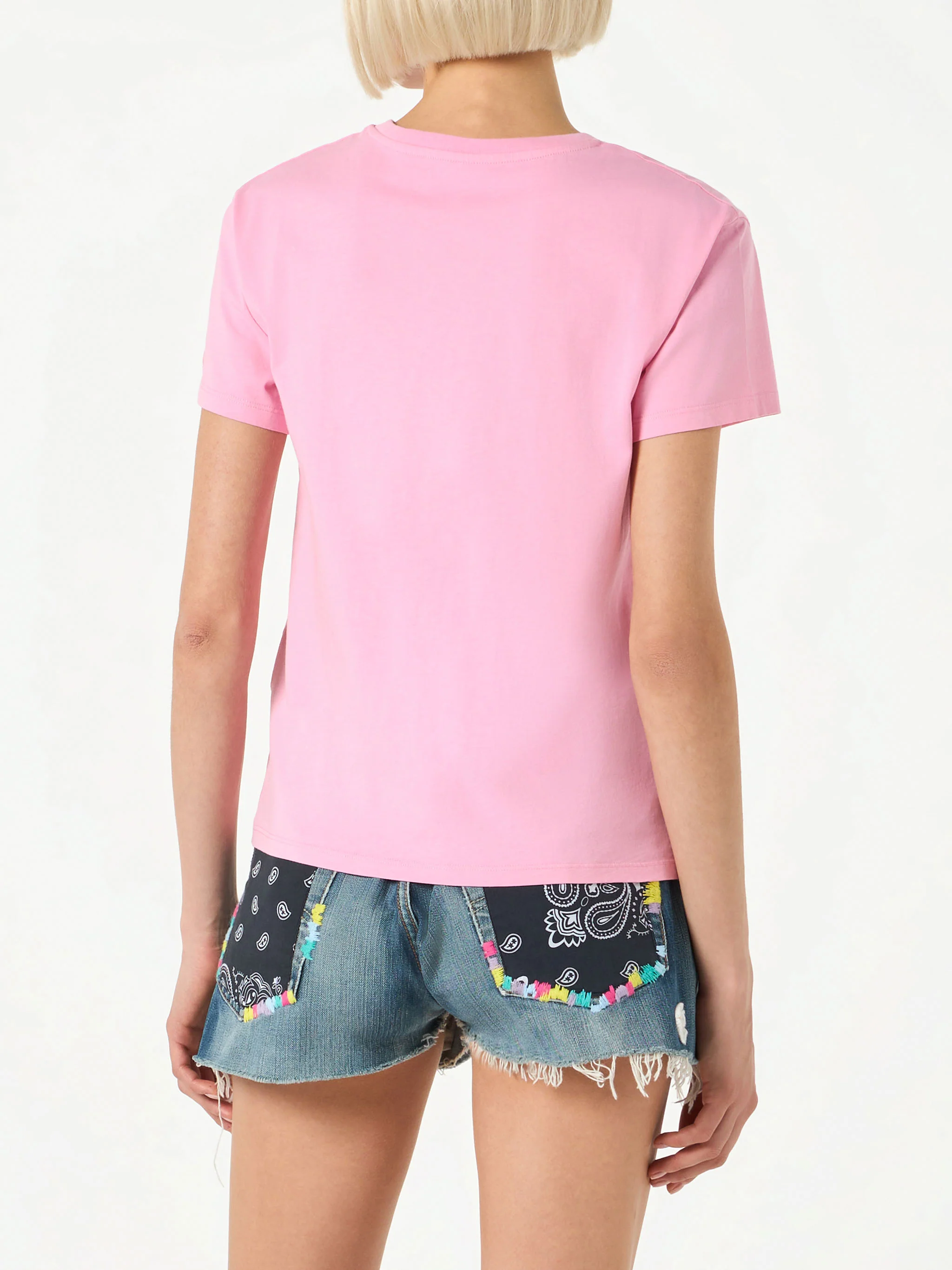 Woman Pink Cotton T-shirt with Fiorucci Special Edition, St. Barth Logo, Round Neck, Short Sleeves | Fiorucci Special Edition | MC2 Saint Barth
