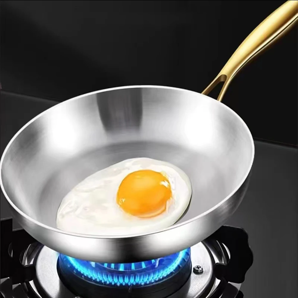 Poêle à frire en acier inoxydable 316, antiadhésive, à fond plat, non revêtue, pour la maison, idéale pour les steaks et les woks, compatible avec les plaques de cuisson à gaz et à induction.