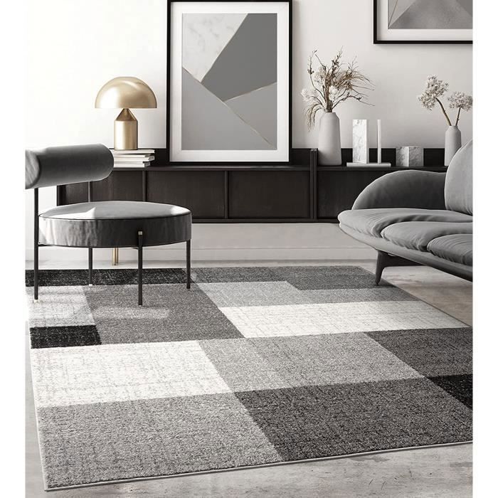 Tapis de salon - THE CARPET - PEARL - Géométrique - Carreaux Gris - 200x280 cm