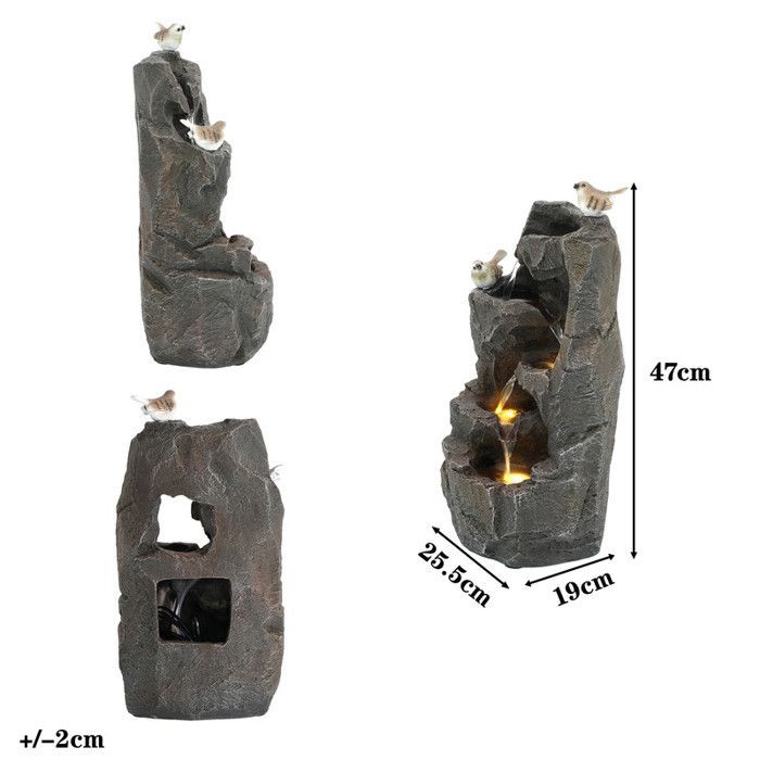 Fuente LED para exteriores - 47 cm - Gris piedra - Iluminación LED amarilla cálida - Sonido de agua suave 55 dB