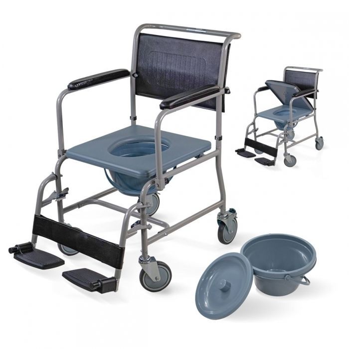 Silla de baño Mobiclinic Ancla con ruedas, silla de aseo con reposabrazos plegables y ajustables en altura, color gris.