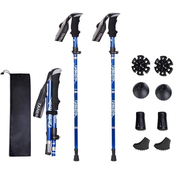 Folding Walking Stick, Hiking Pole, Breathable Cork, Shock-Absorbing, Non-Slip, Blue (2 Pieces)