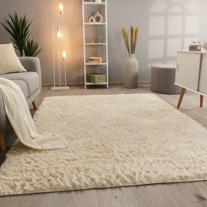 Alfombra Paco Home de pelo largo y suave para salón, de piel sintética, mullida y esponjosa, color marfil, 160 x 220 cm.
