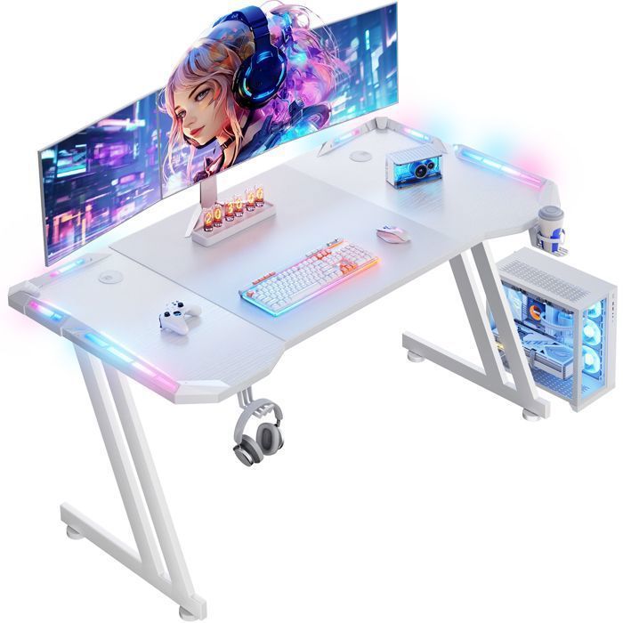 Scrivania da gaming - HLONONE - 140 x 60 cm - Resistente ai graffi - Ergonomica - LED bianchi
