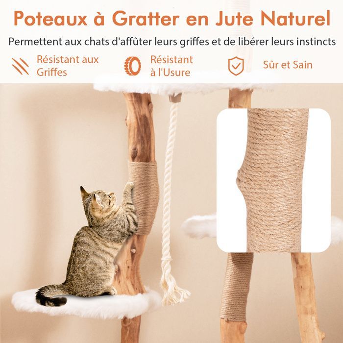 COSTWAY Arbre à Chat Multi-niveaux en Bois 168 CM, Perchoirs, Condo, Griffoirs en Jute, Corde en Sisal, Peluche, Balle Suspendue