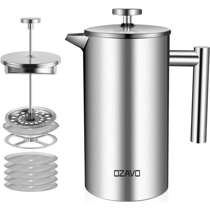 OZAVO - Geïsoleerde French Press koffiezetter van roestvrij staal (1 liter) met 5 vervangende roestvrijstalen filters