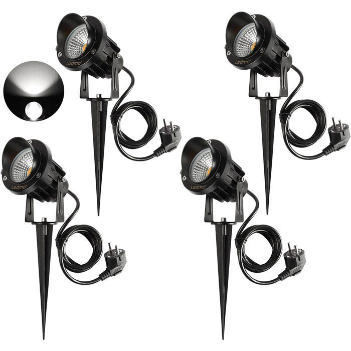 Paquete de 4 focos LED de exterior de 9 W con estaca, 1000 lúmenes, luz blanca de 6000 K, resistente al agua IP65, diseño giratorio, para jardín y exteriores.