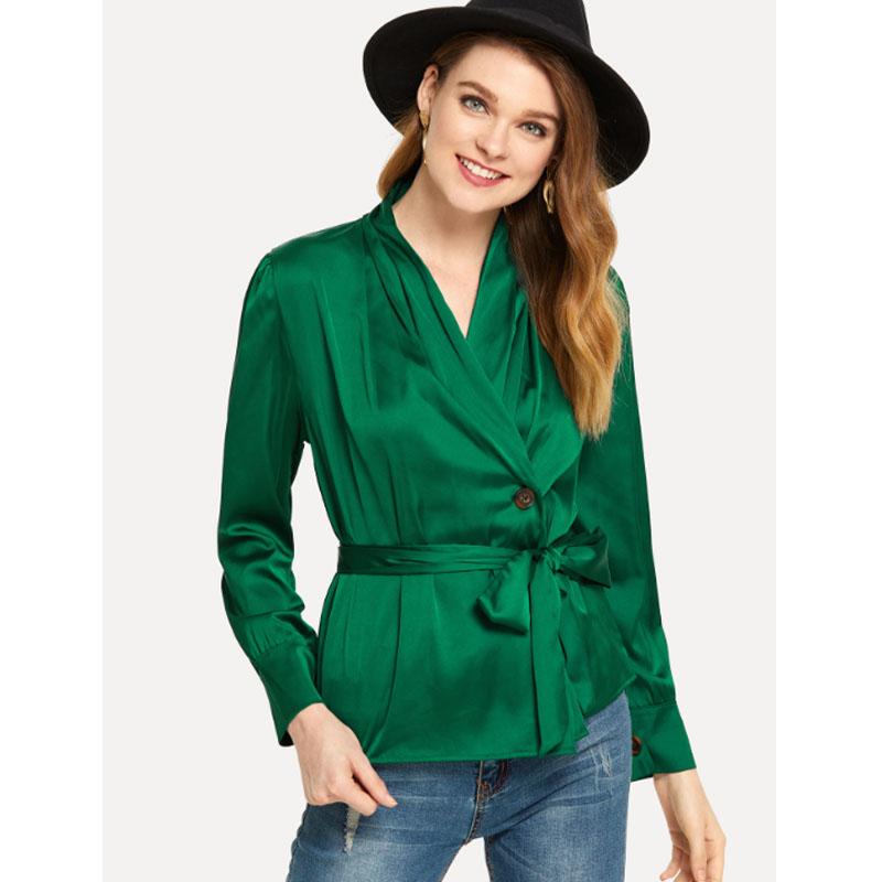 Camicia verde da donna con cintura, allacciatura a lacci, maniche lunghe, tunica, camicetta casual da donna, abbigliamento da lavoro, top sexy da donna con scollo a V
