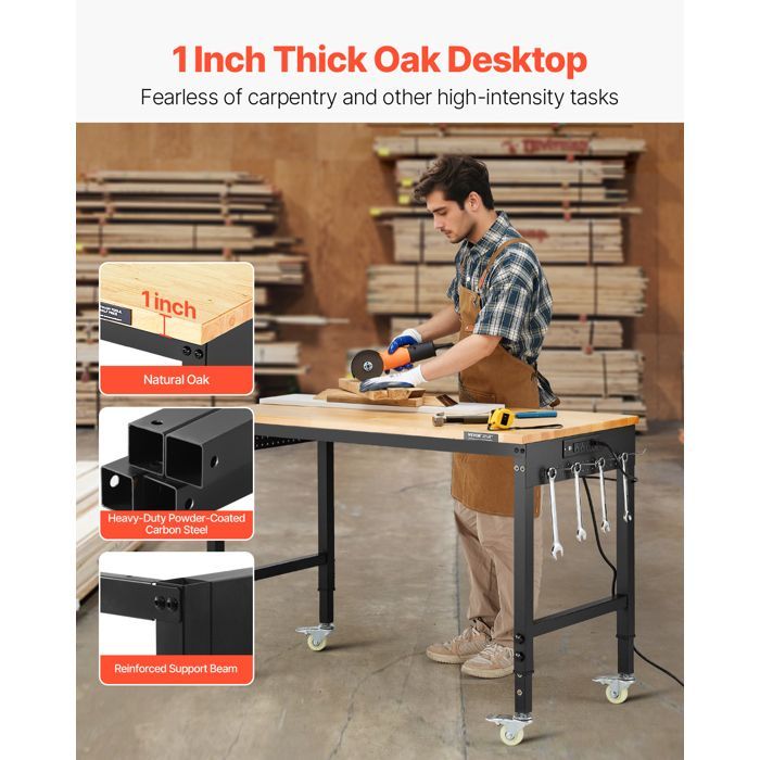 Banco de trabajo VEVOR, taller, garaje, mesa de trabajo rodante regulable en altura - Capacidad de carga de 907,2 kg - con toma de corriente