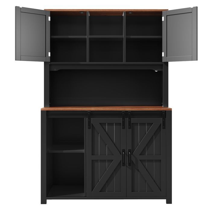 Country-style kitchen sideboard - MODERNLUXE - 115x40x175 cm - 4 doors - 2 drawers - LED lighting - Black - MDF