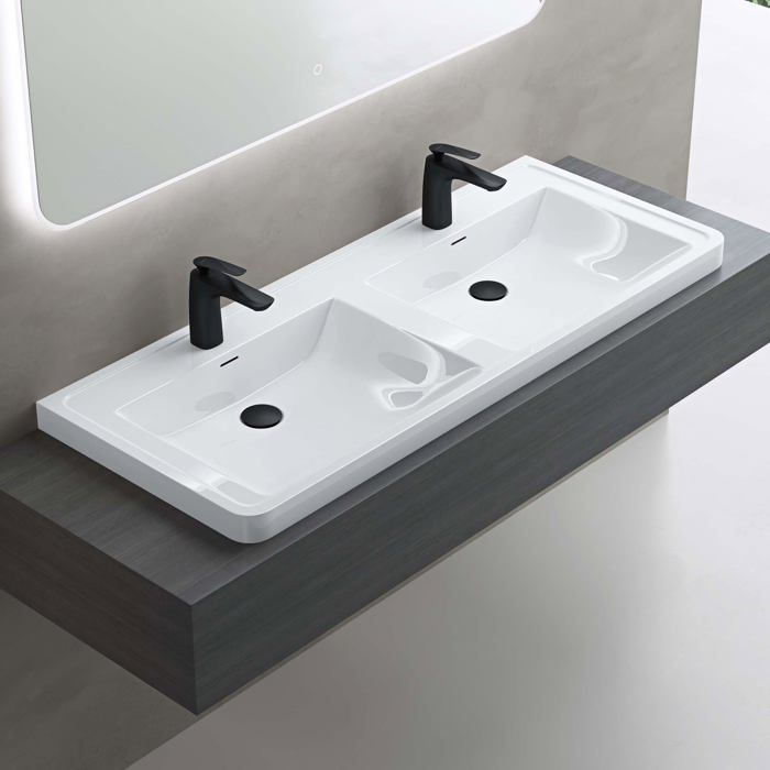 Lavabo doble empotrado doporro, blanco, de superficie sólida, rectangular, de alta calidad, 120x48x14,5cm Colossum08