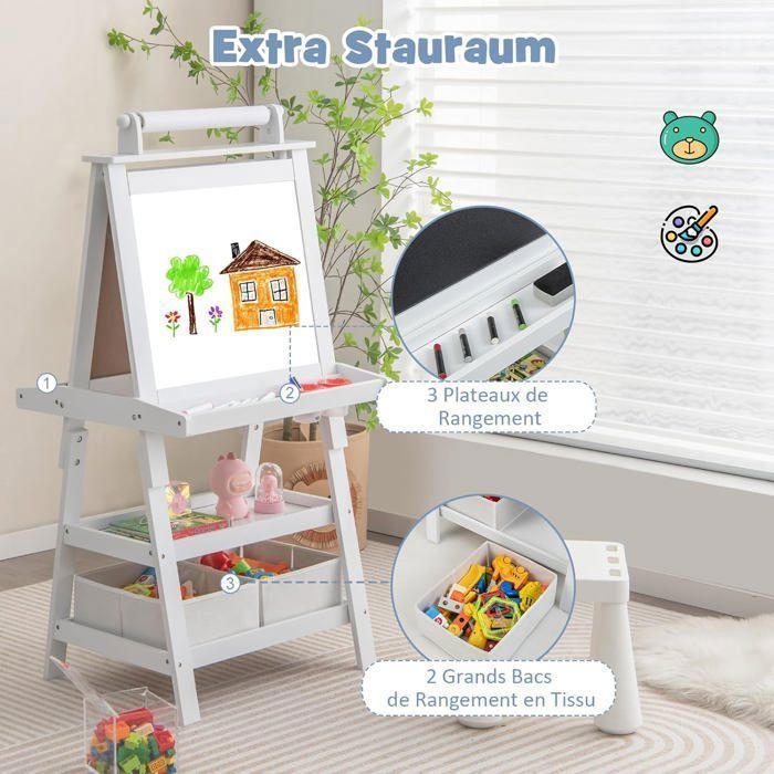 COSTWAY Tableau Enfant - Blanc Magnétique et Noir, Rouleau de Papier (Papier inclus), 3 Etagères et 2 Bac de Rangement Blanc
