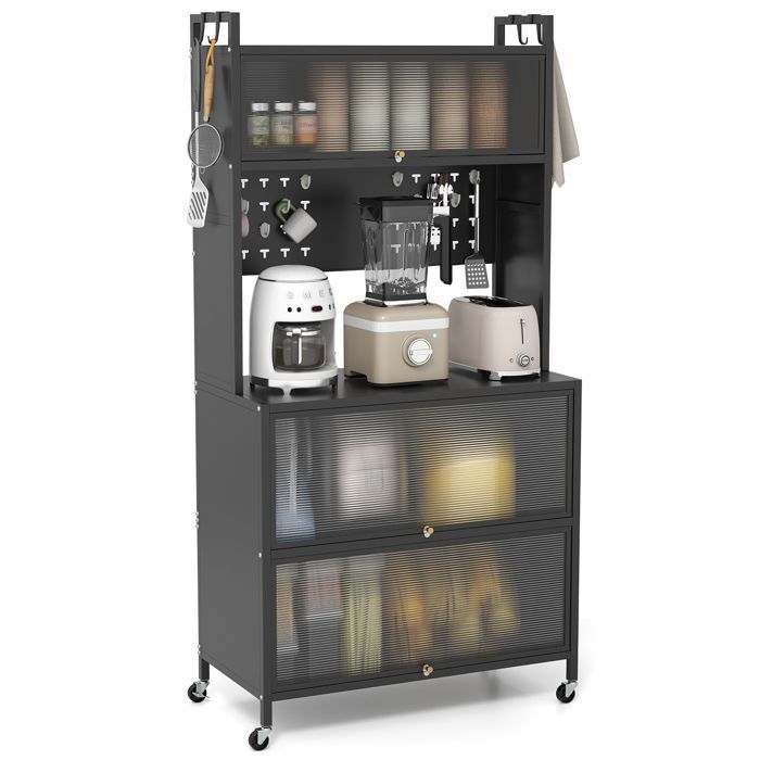 Aparador de cocina COSTWAY de 5 niveles con luces, soporte para microondas con ruedas, puertas, ganchos y patas ajustables, color negro.