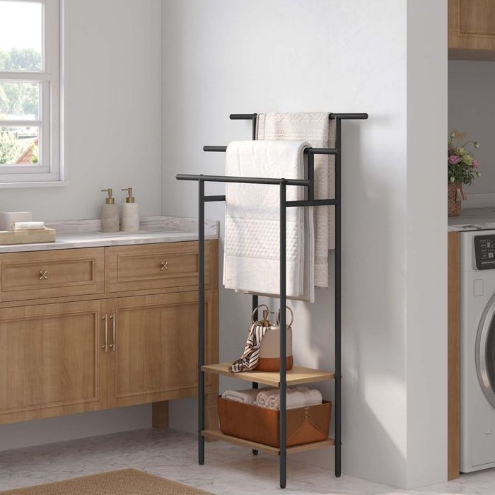 EUGAD - Mobile da bagno - Portasciugamani a 3 ripiani autoportante - 68x28x117 cm - Nero + Rovere chiaro