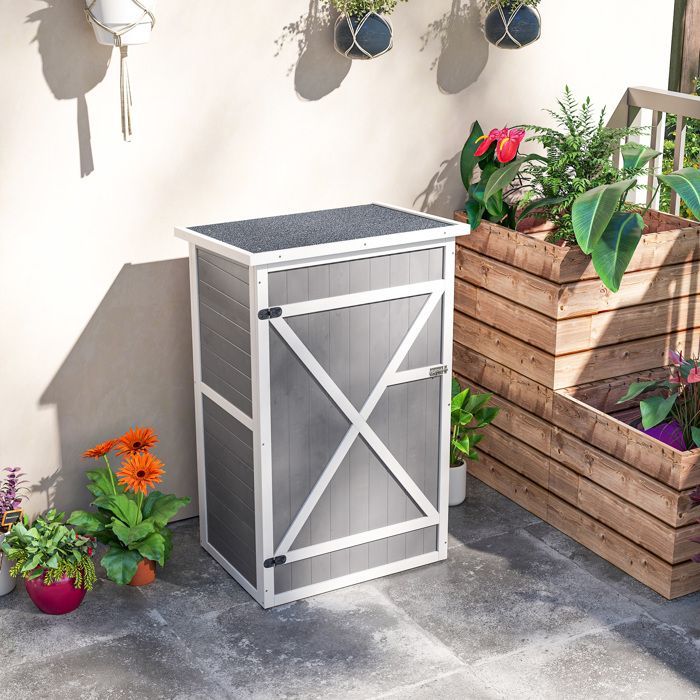 Cabanon & Chalet & Abri de Jardin Gris en Bois de Sapin, Toit Bitumé, Porte Verrouillable, 2 Étagères - 75x56x115 cm |