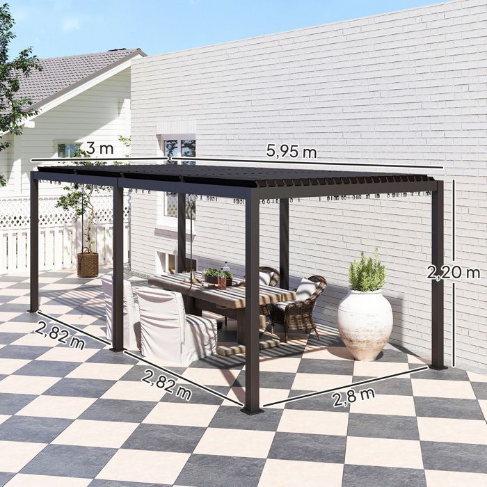 Pergola bioclimatique - Outsunny - persiennes manivelle - toit réglable en aluminium et crochets - 3 x 6 m - gris