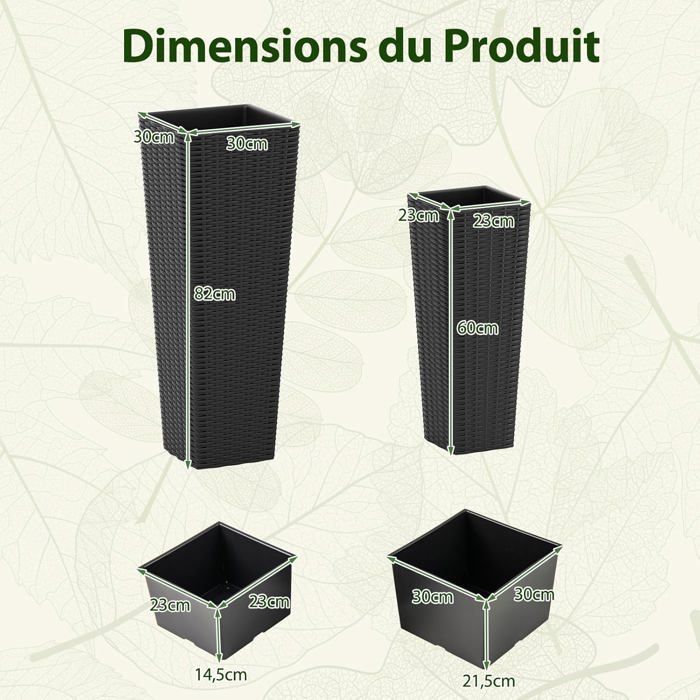 COSTWAY Set of 2 Flower Pots, Removable Inner Trays, Drainage Holes, Decorative Wicker Vegetable Planter Table in PP Rattan, Black