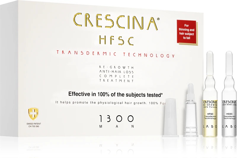 Crescina Transdermic 1300 tretma za ponovno rast in preprečevanje izpadanja las za moške, ki podpira rast las in preprečuje izpadanje las.