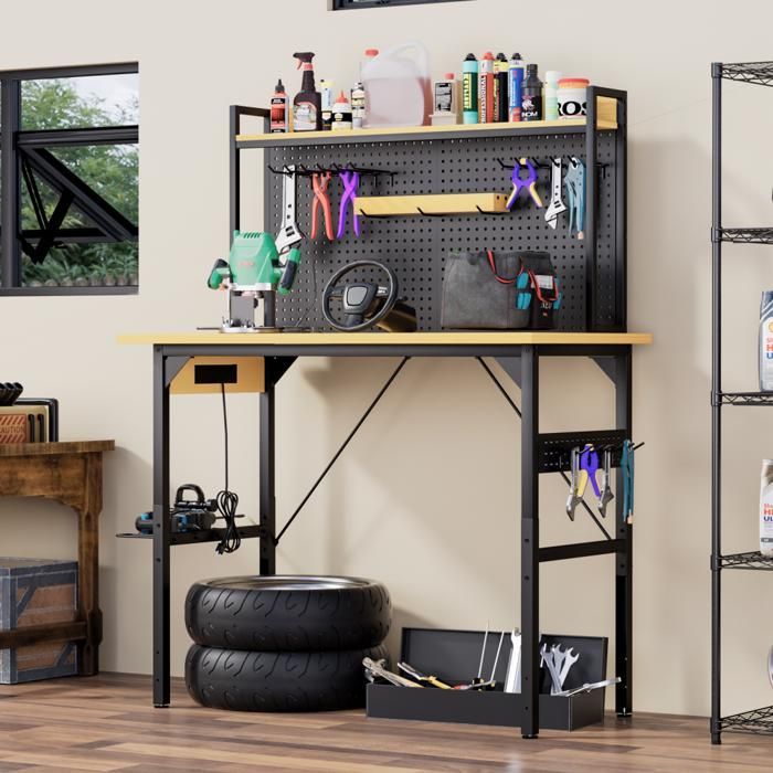 Banco de trabajo/taller de 120x60x155,5 cm, robusto, con ruedas, panel perforado, alimentación CA/USB, capacidad de 700 kg, para garaje/taller, color negro natural.