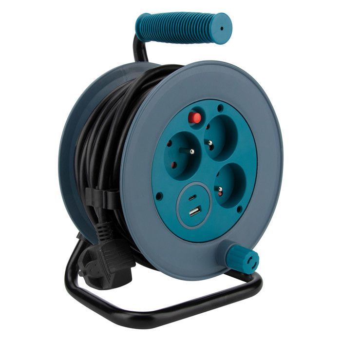 Carrete de cable compacto con 3 tomas + 2 puertos USB C/A, 12 m - Azul - Zenitech