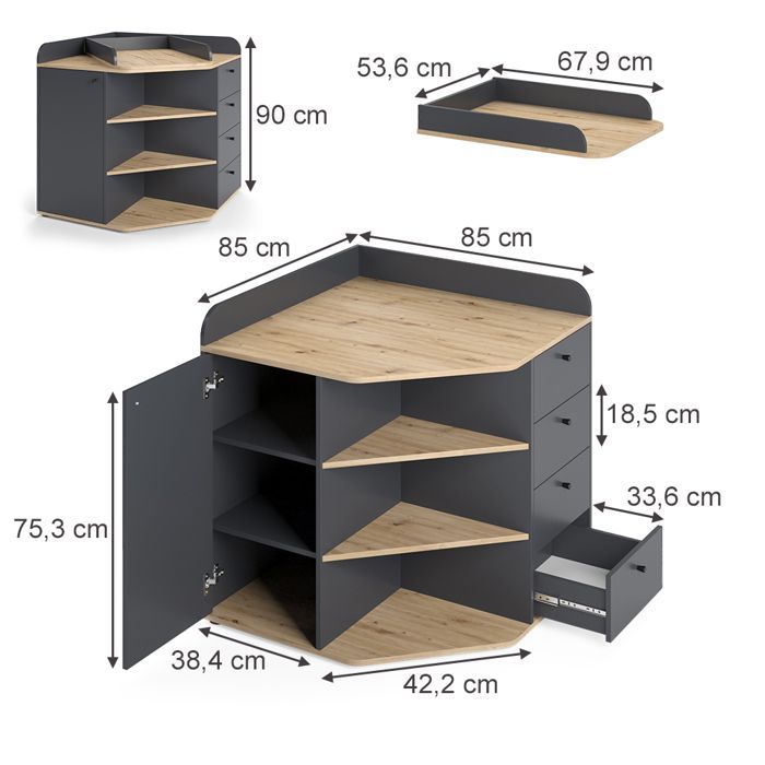 Trocador Aria 85x90cm com prateleiras e 4 gavetas, Antracite, Vicco 59340