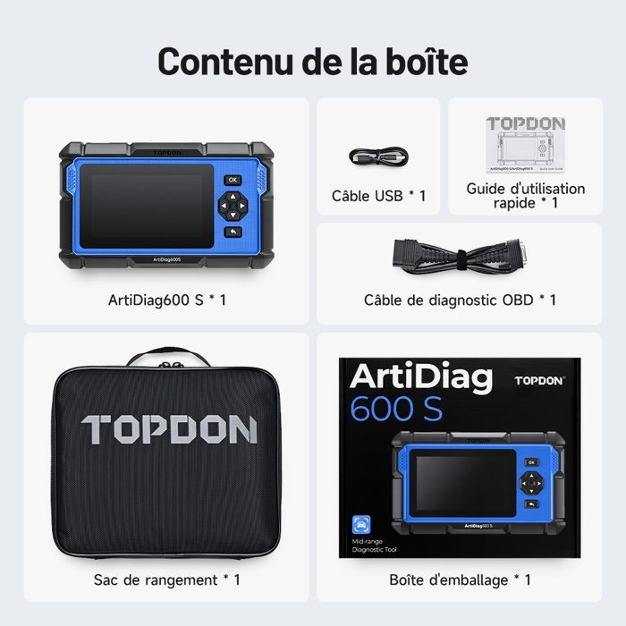 TOPDON ArtiDiag600S-FR Valise de Diagnostic Auto pour 4 Systèmes 9 Fonctions de Réinitialisation OBD2 en  français