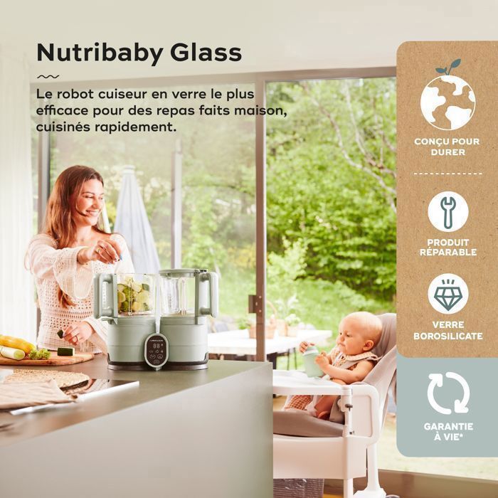 Babymoov Nutribaby Robot da cucina in vetro per alimenti per neonati - 4 in 1: cuoce a vapore, frulla, scongela, riscalda