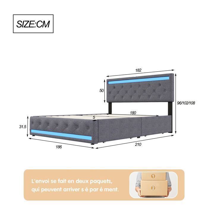 Letto imbottito 180x200 cm, letto matrimoniale con 4 cassetti contenitore, letto per adulti con porta USB e illuminazione a LED, biancheria da letto inclusa, materasso non incluso.