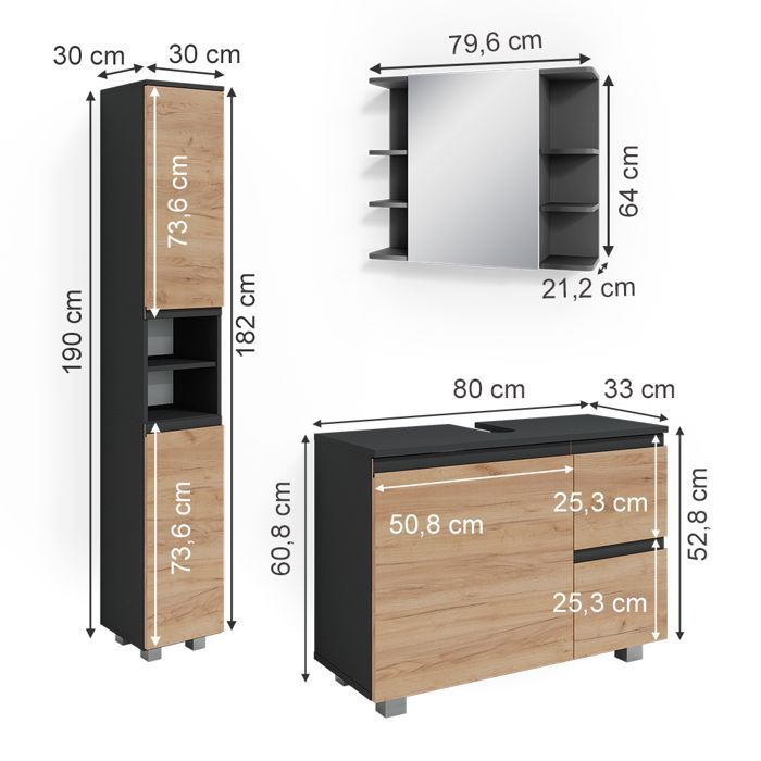 Meubles bain J-Shape 3 parties Gris Vicco 38202