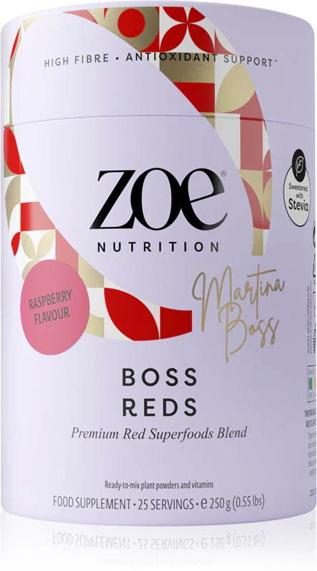 Suplemento alimentar em pó ZOE Boss Reds para uma sensação de conforto.