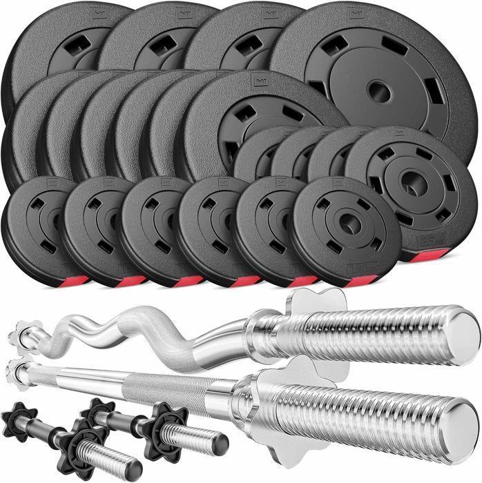 Hop-Sport halterset van 105 kg, halters van 167 cm, halters van 120 cm (SZ) en korte halters van 45 cm, 4x10, 6x5, 4x2,5, 6x1,25 gewichtsschijven